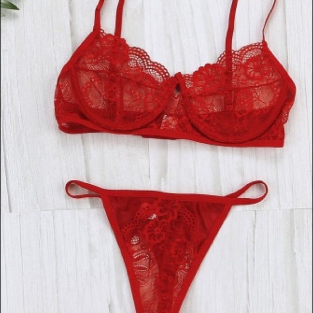 Red Lace Bra Thong Lingerie Set - Picture 11 of 15